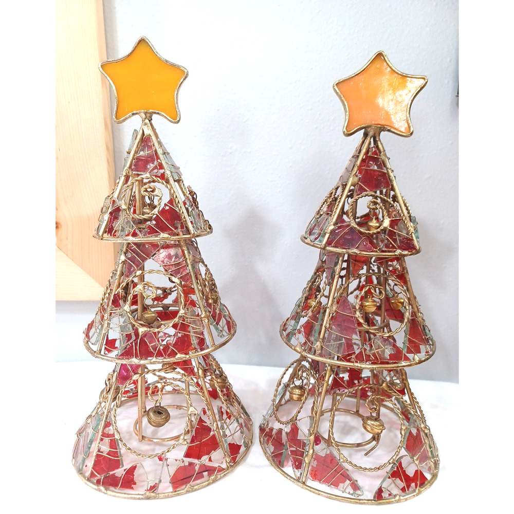 Christmas Gold Wire Red Crackle Glass Tree Star Candle Holder 10 1/2" Set